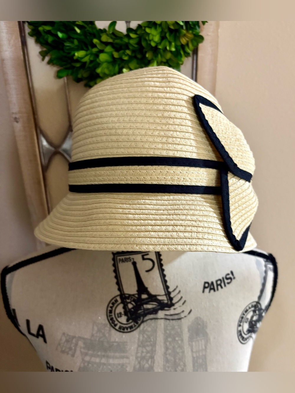 Women's Straw Cloche Hat with Black Trim - Cream